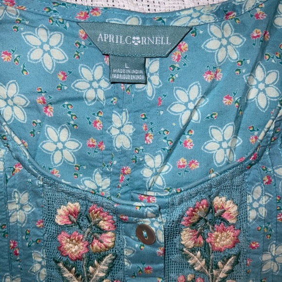 April Cornell Floral Embroidered Button Front Midi Dress Blue Lace Trim Large - Picture 9 of 14